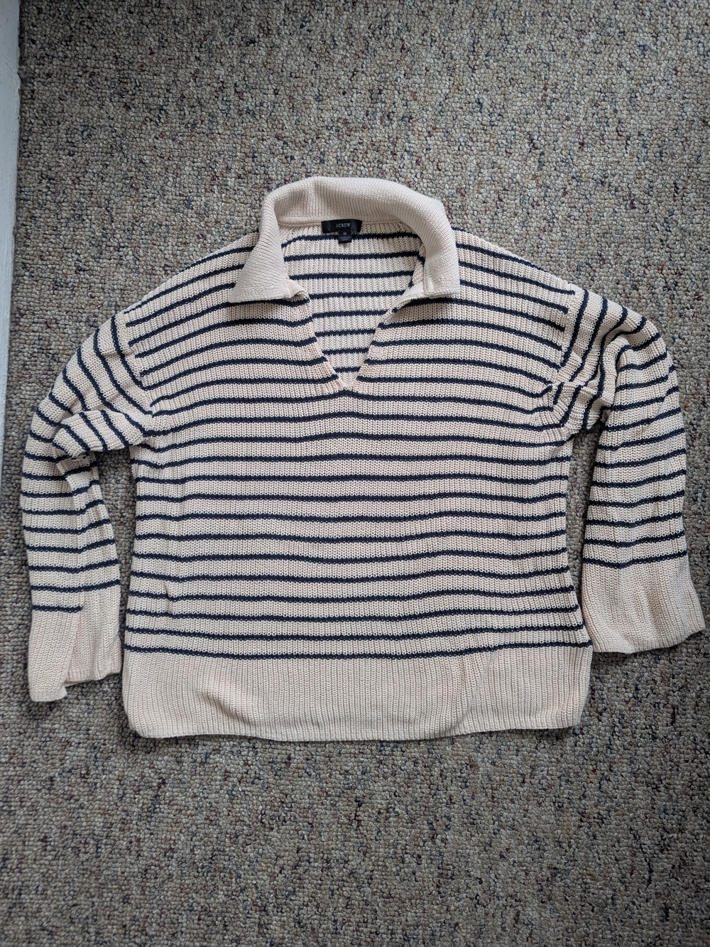 J. Crew Cream and Blue Striped Collared Sweater